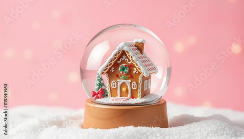  Snow globe featuring a Christmas gingerbread house on a pink snowy background