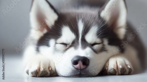 Adorable sleeping husky puppy with closed eyes resting peacefully on a soft surface in a cozy indoor setting.