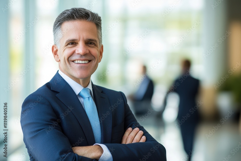 Professional businessman confident smile navy blue suit light blue tie arms crossed Professional businessman confident smile navy blue suit light blue tie arms crossed