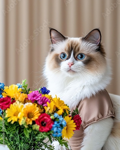 Celebrity pets and petfluencers branding concept. Adorable cat with flowers in a cozy setting photo