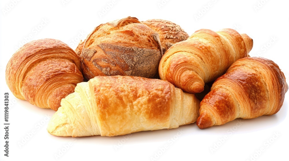 Assortment of fresh bread rolls and croissants arranged on a clean white background for bakery and culinary design concepts Assortment of fresh bread rolls and croissants arranged on a clean white background for bakery and culinary design concepts