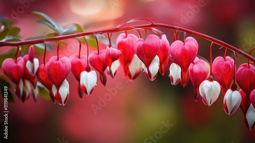 Tropical Bleeding Heart Vine showcasing vibrant red and white heart-shaped flowers with lush green foliage in a soft-focus background. photo