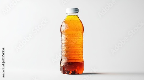 Close-up of a refreshing iced tea beverage in a clear plastic bottle with condensation on the surface against a minimalist background.