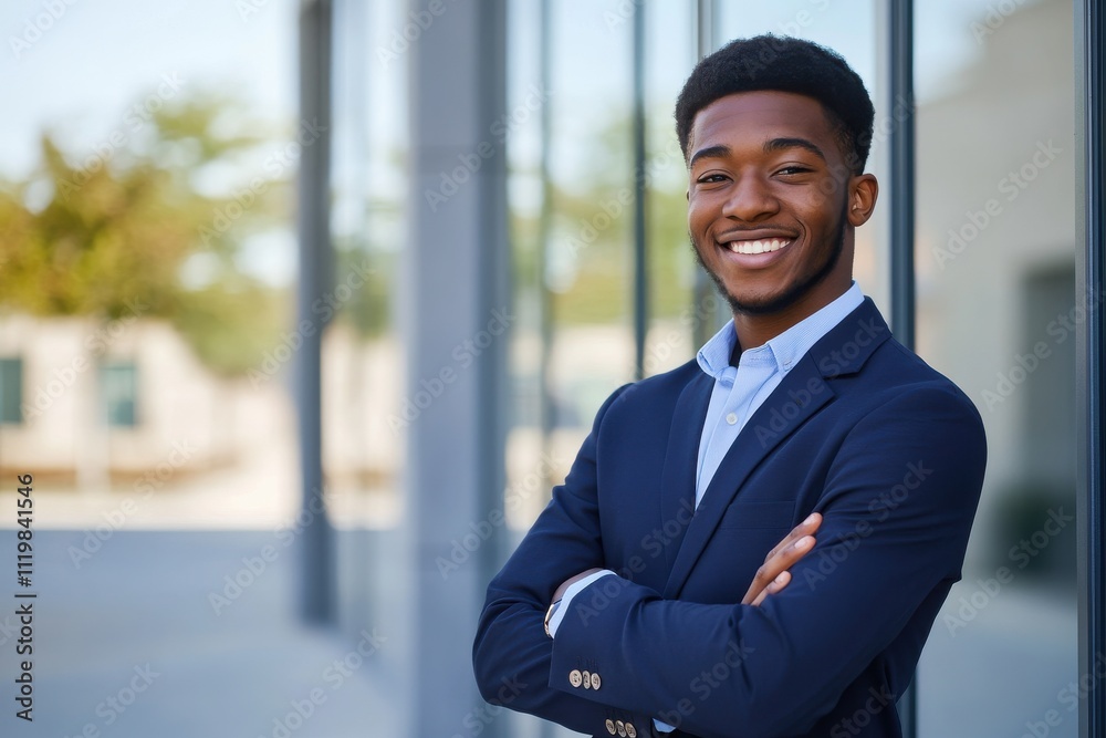 Professional young man confident smile navy blue suit light blue shirt arms crossed Professional young man confident smile navy blue suit light blue shirt arms crossed