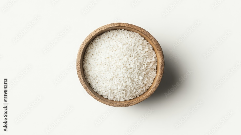 Bowl of uncooked jasmine rice top view on white background for mockup designs and artwork presentations in various angles and perspectives Bowl of uncooked jasmine rice top view on white background for mockup designs and artwork presentations in various angles and perspectives