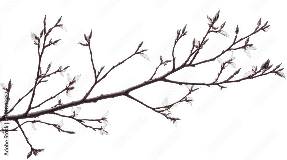 Fototapeta premium Beech tree branch with delicate blossoms isolated on white background in a clean studio setting rustic nature photography