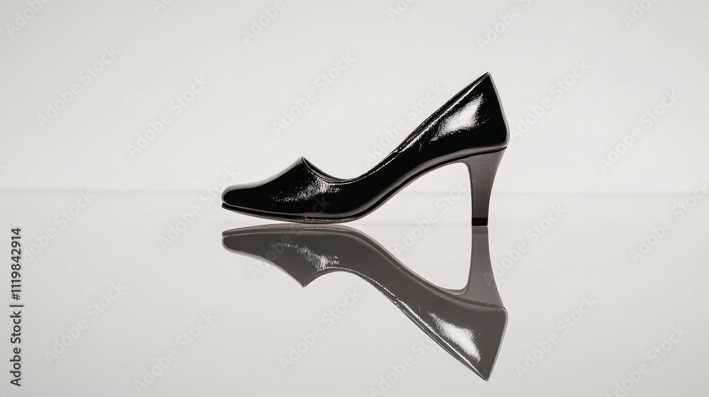 Elegant black leather heeled sandal with glossy finish and reflective surface displayed on smooth white background for fashion promotion