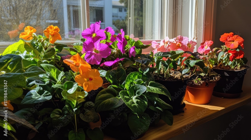 Fototapeta premium Vibrant impatiens flowers thriving indoors near a sunlit window showcasing home gardening beauty