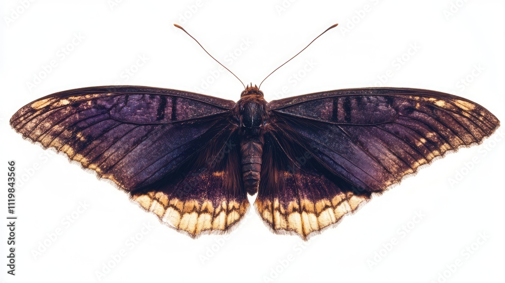 Fototapeta premium Purple butterfly lower wing view detailed with contrasting white backdrop showcasing intricate patterns and natural beauty.