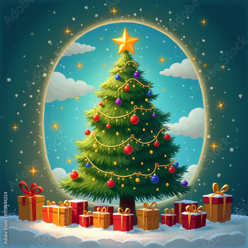 Christmas tree decorated with garlands and toys. Gift boxes. Falling snow in the forest