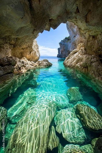 An underground cave with clear blue water and a small pool surrounded by rock formations, photo