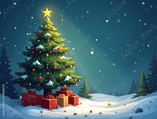 Christmas tree decorated with garlands and toys. Gift boxes. Falling snow in the forest
