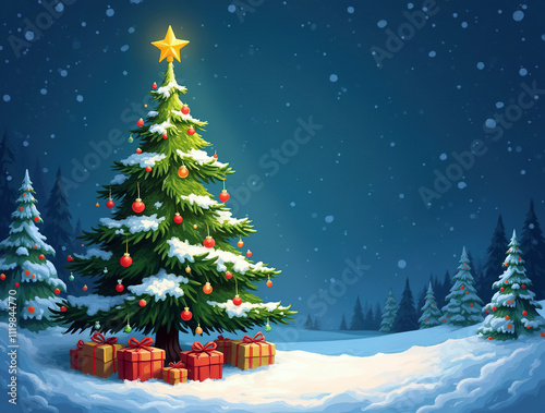 Christmas tree decorated with garlands and toys. Gift boxes. Falling snow in the forest