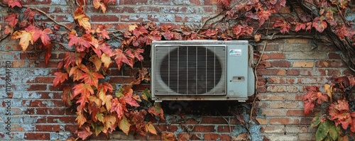 Autumna??s embrace an air conditioner nestled in a brick wall, blending technology with nature. photo