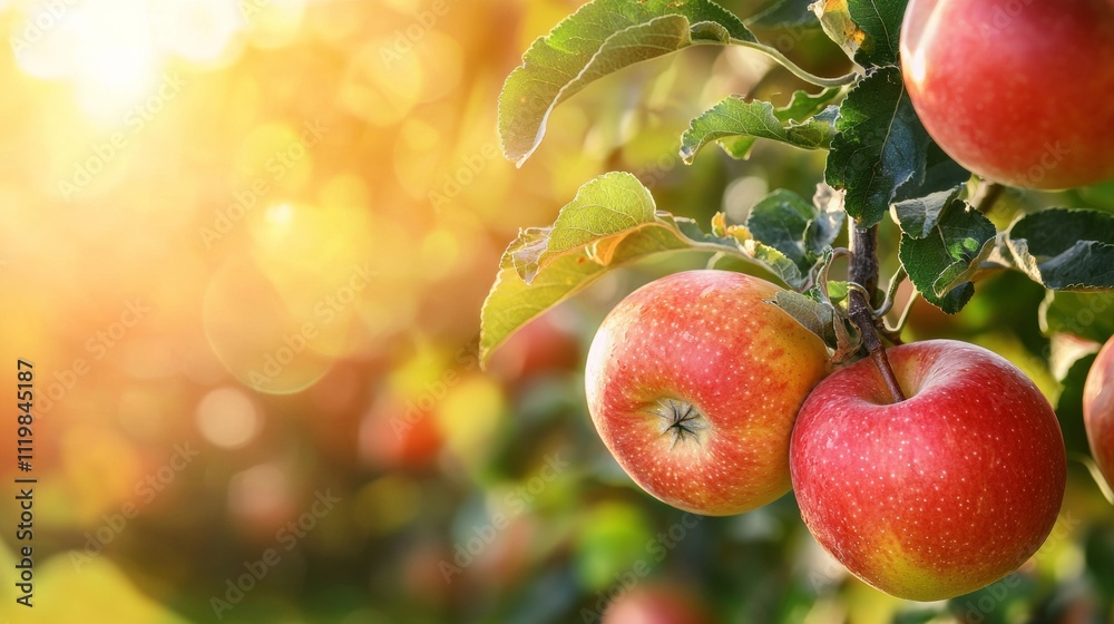 Red apples hanging on a tree branch in sunlight Red apples hanging on a tree branch in sunlight