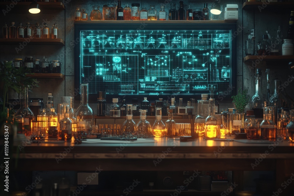 A laboratory filled with various glassware and a digital display of scientific data. A laboratory filled with various glassware and a digital display of scientific data.