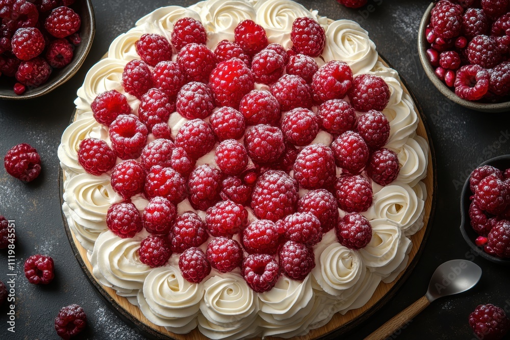 A delicious raspberry cake topped with whipped cream and fresh raspberries. A delicious raspberry cake topped with whipped cream and fresh raspberries.