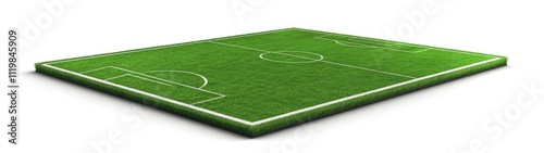Isometric view of a soccer field, green grass texture, white lines marking the pitch.