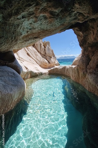 An underground cave with clear blue water and a small pool surrounded by rock formations, photo