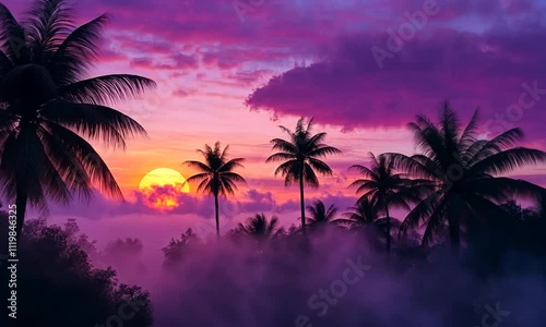 A vibrant sunset over a tropical landscape with palm trees and colorful clouds.