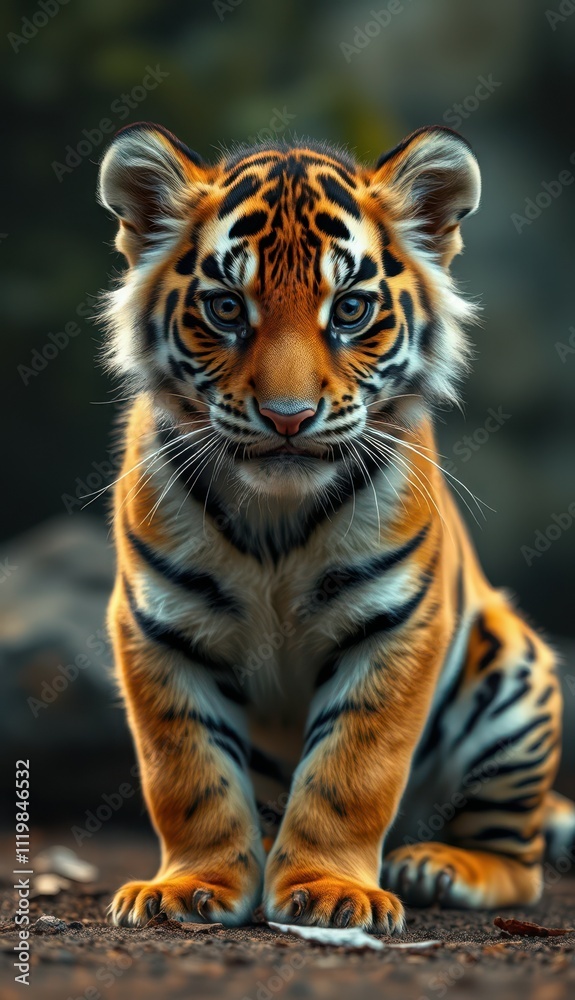 Fototapeta premium Young tiger sits on the ground looking intently at the viewer in a natural habitat setting