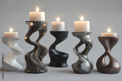 set of 3d-rendered candle holders in sculptural designs with mix of marble and metal finishes