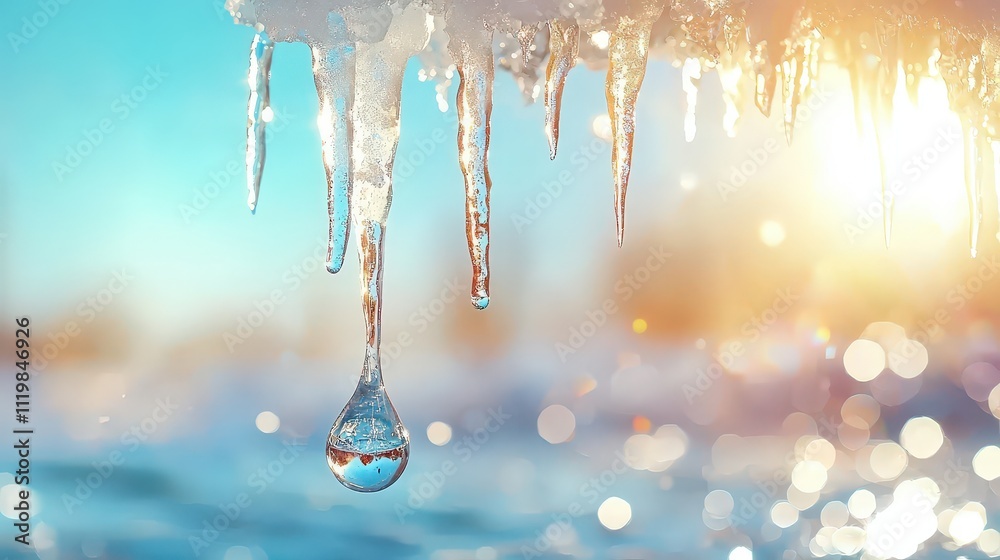 Close-Up of a Single Water Drop Falling Slowly from the Tip of an Icicle, Captured in Beautiful Slow Motion Against a Bright, Sparkling Background Close-Up of a Single Water Drop Falling Slowly from the Tip of an Icicle, Captured in Beautiful Slow Motion Against a Bright, Sparkling Background