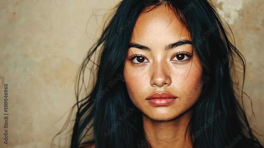 Portrait of a woman with long dark hair against a textured background in soft lighting showcasing natural beauty and confidence Portrait of a woman with long dark hair against a textured background in soft lighting showcasing natural beauty and confidence