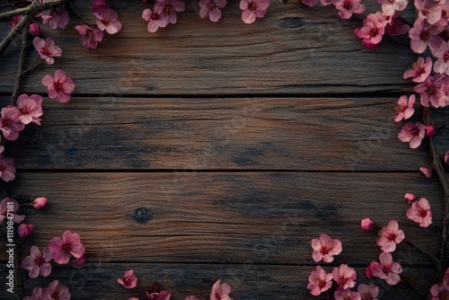 Rustic Wooden Surface with Delicate Cherry Blossoms
