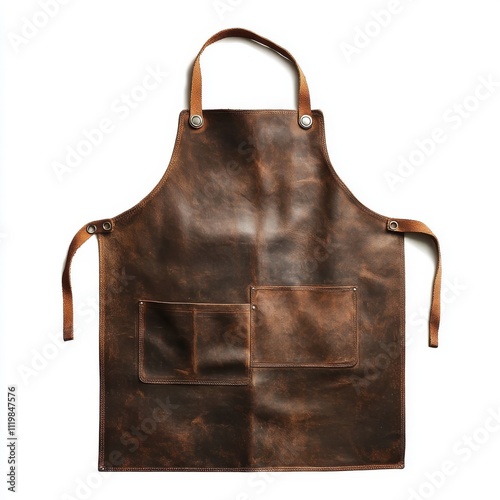 Leather apron with pockets, perfect for cooking or crafting, isolated on white background.