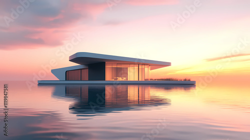 Modern architecture in the middle of a lake at twilight. Twilight. Illustration