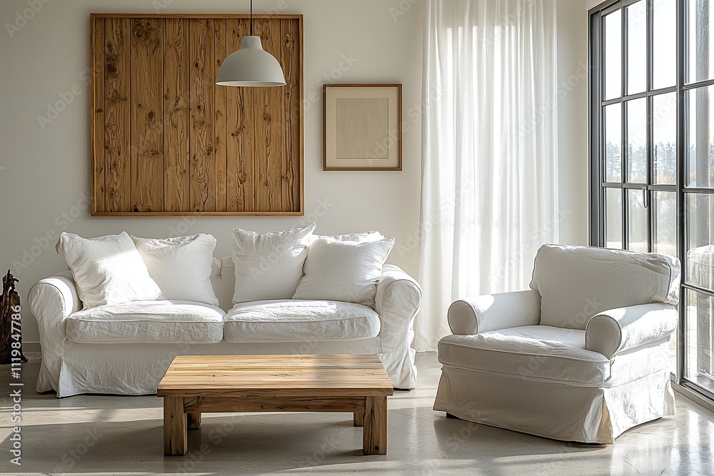 Fototapeta premium Minimalist, a living room photo of a Scandinavian interior and japandi interior combination with wood finishing parts of the wall, sofa and table, and pendant lighting. Generative AI 