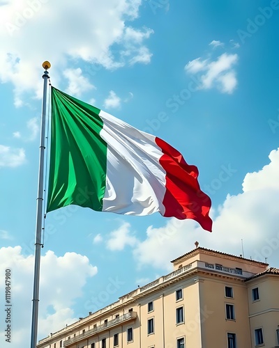 image d'un drapeau de l'Italie devant des habitations de Venise