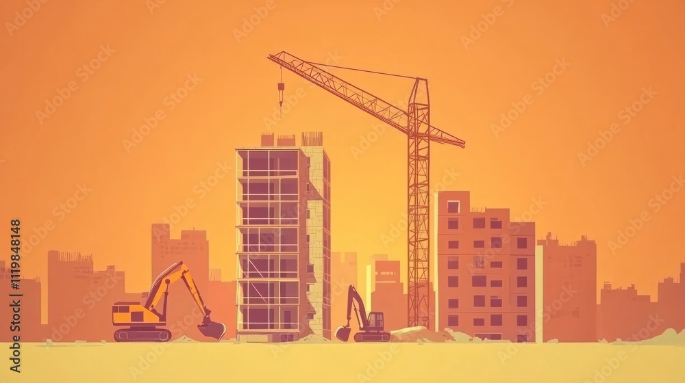 Obraz premium Urban construction site at sunset with crane, excavators, and buildings under construction.