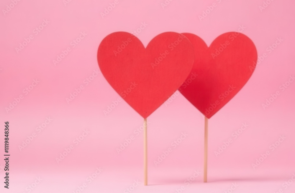 Two vibrant red hearts on sticks against a soft pink background Two vibrant red hearts on sticks against a soft pink background