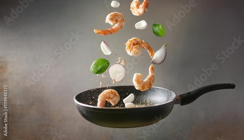 Fresh fried shrimp fly into a pan. Sea food with garlic, onion, cream, spices and basil flying into a pan photo