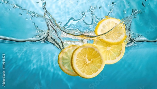 Fresh Lemon Slices Splashing in Clear Water With Vibrant Bubbles photo