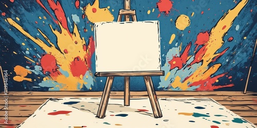 A blank canvas on an easel with a colorful splatter background, inviting artistic creation. photo