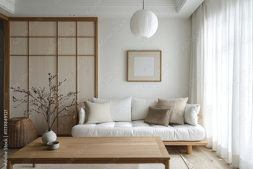 Fototapeta premium Minimalist, a picture of a living room with sofa and table view and a combination of Scandinavian interiors and japandi interiors in a living room with pendant lighting. Generative AI 