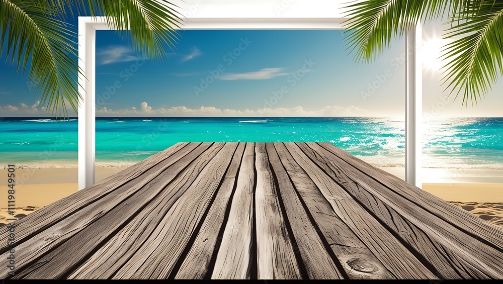 Fototapeta premium Tropical beach scene with a wooden boardwalk leading to a turquoise ocean, framed by lush palm fronds under a bright sun and clear, serene sky.