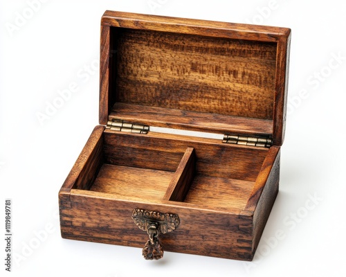Open wooden box with a decorative latch, showcasing two compartments.