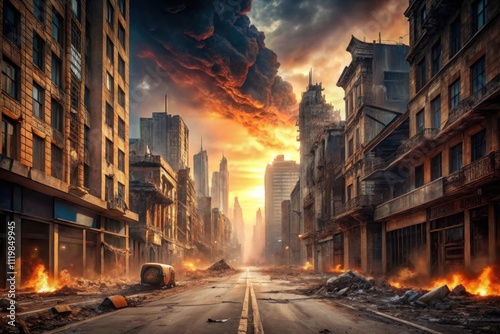 Empty street of burnt up city. Apocalyptic view of city downtown as disaster film poster concept