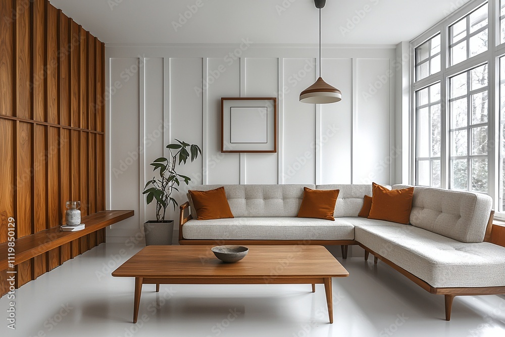 Fototapeta premium A living room photo of a combination of Scandinavian interiors and japandi interiors with minimalist, sofa and table and pendant lights. Generative AI 