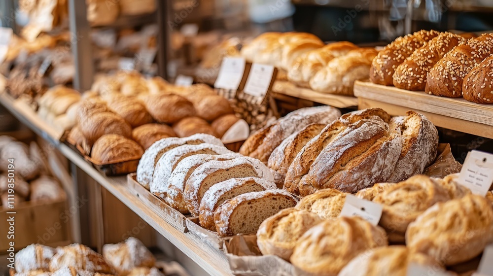 Bakery display with fresh bread and pastries on wooden shelves Bakery display with fresh bread and pastries on wooden shelves