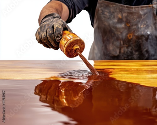 Person applying epoxy resin to wood surface, creating a glossy finish.