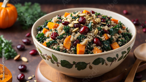 A large bowl of kale, quinoa, sweet potato, cranberries, and nuts.

 photo