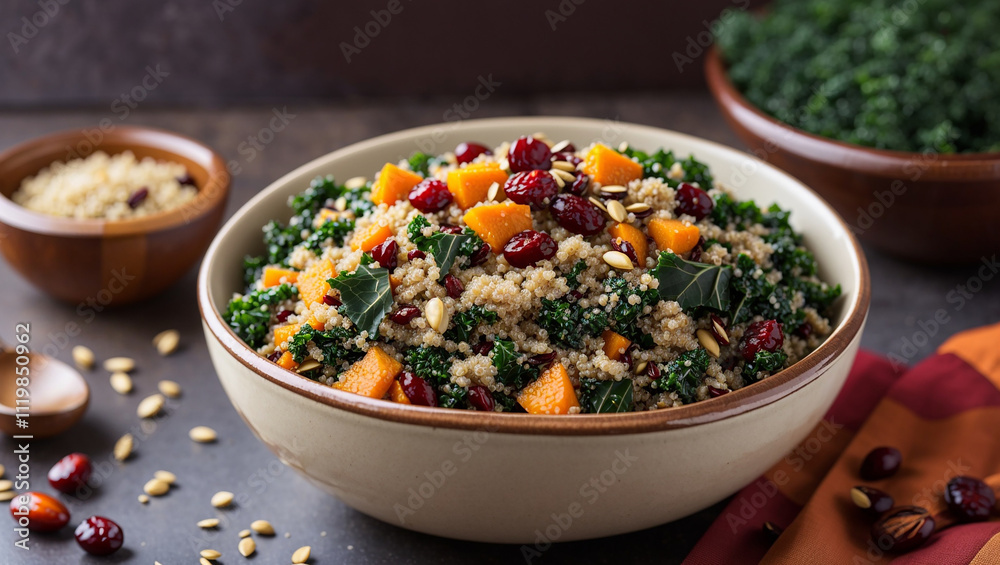 A large bowl of kale, quinoa, sweet potato, cranberries, and nuts.

