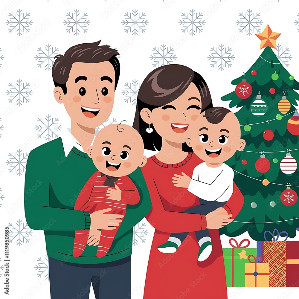Fototapeta premium Happy family with Christmas tree and presents. Vector illustration in cartoon style.