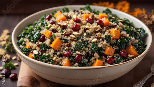 A large bowl of kale, quinoa, sweet potato, cranberries, and nuts.