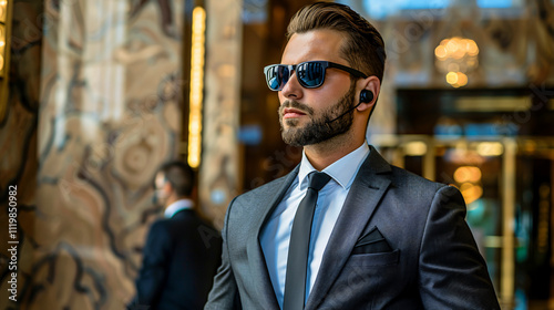 Bodyguard service: private security, professional guards in suits and sunglasses standing in a hotel lobby, handsome man with an earpiece communicating with a work partner, luxury hotel, vigilance.